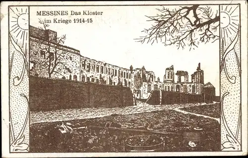 Künstler Ak Messines Mesen Westflandern, Das Kloster im Krieg 1914-15