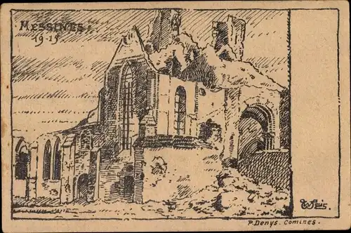 Künstler Ak P. Denys, Messines Mesen Westflandern, Kriegszerstörung 1. WK