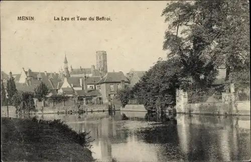 Ak Menin Menen Meenen Lys Westflandern, La Lys et Tour du Beffroi