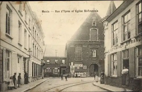 Ak Menin Menen Meenen Lys Westflandern, Rue d'Ypres et Eglise St-Francois