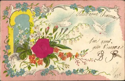 Stoff Präge Litho Tauben, Rosenblüten, Vergissmeinnicht, Kitsch