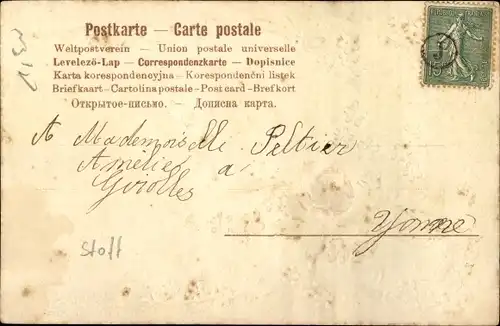 Stoff Präge Litho Tauben, Rosenblüten, Vergissmeinnicht, Kitsch