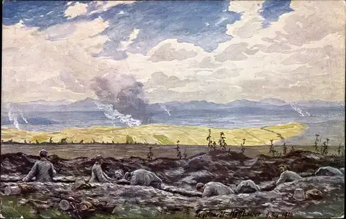 Künstler Ak Ausheben eines neuen Schützengrabens nach dem Gefecht, I WK