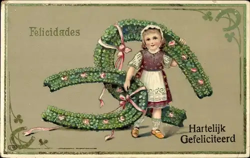 Präge Litho Glückwunsch Geburtstag, Felicidades, Mädchen mit Hufeisen, Kleeblätter