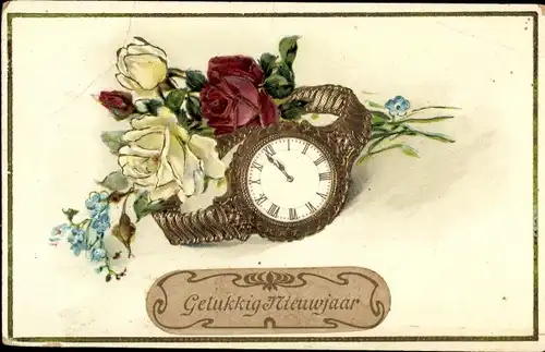 Präge Litho Glückwunsch Neujahr, Armbanduhr, Rosenblüten