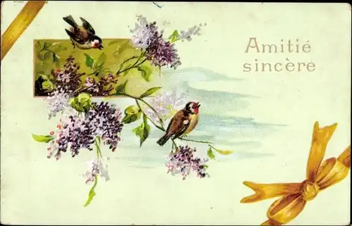Präge Litho Fliederblüten und Vögel
