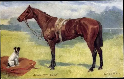 Künstler Ak Drummond, Gesatteltes Pferd und Terrier