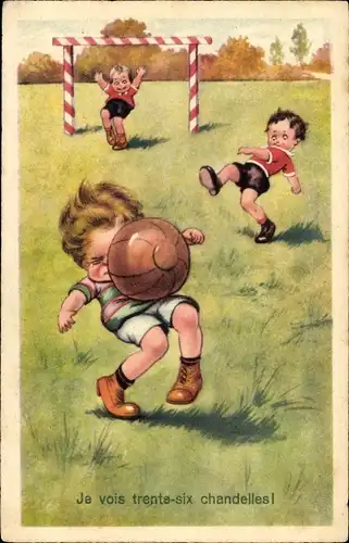 Ak Je vois trente six chandelles, Kind bekommt Fußball ab