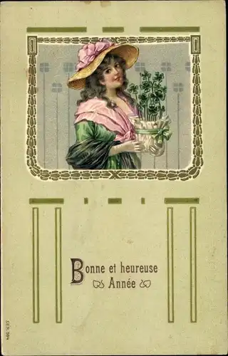 Präge Litho Glückwunsch Neujahr, Junge Frau mit Kleeblättern in einem Blumentopf