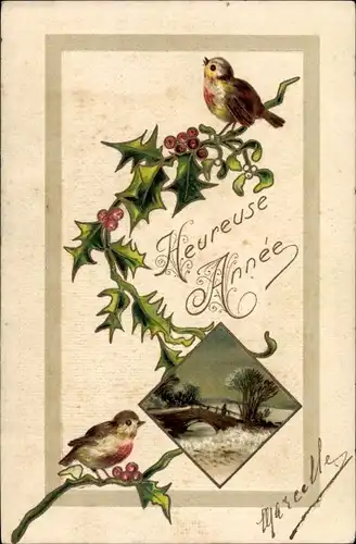 Präge Litho Glückwunsch Neujahr, Winterlandschaft, Vögel, Stechpalmenzweige