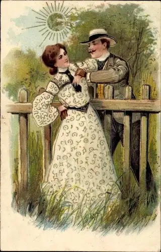 Präge Litho Mann hält Frau am Arm fest, Sonnenschein