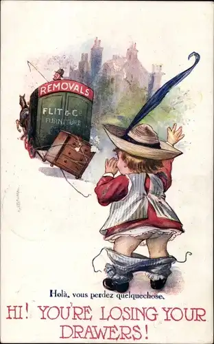 Ak You're losing your drawers, Umzugswagen, Kinder verliert Hose