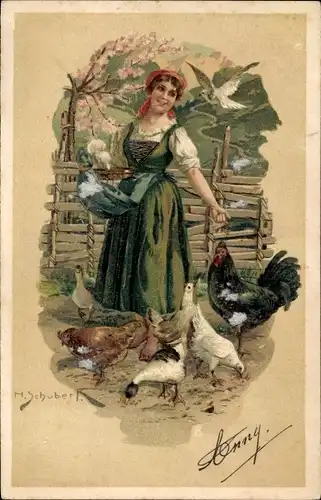 Künstler Litho Schubert, H., Frau füttert Hühner und Enten