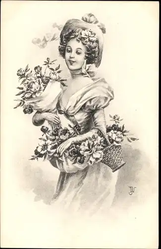 Künstler Ak Junge Frau mit Blumen, Hut
