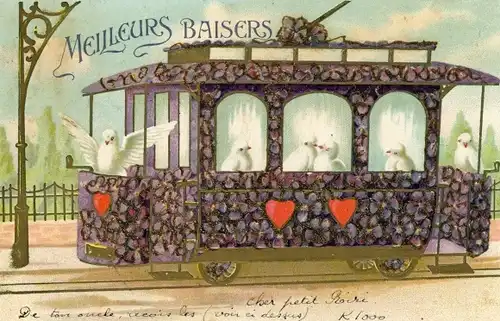 Präge Glitzer Litho Straßenbahn aus Veilchenblüten, Tauben
