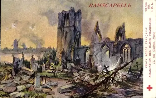 Künstler Ak Fraipont, G., Ramscapelle Westflandern Belgien, Zerstörte Kirche