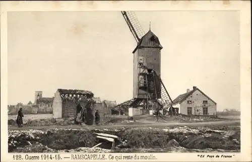 Ak Ramskapelle Nieuwpoort Westflandern, Ce qui reste du moulin, Windmühle, Kriegszerstörungen, I. WK