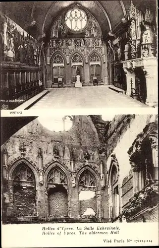 Ak Ypres Ypern Flandern, Salle Echevinale, Halles, Alderman Hall, Zerstörungen