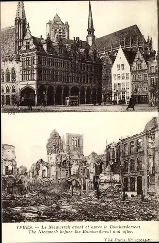 Ak Ypres Ypern Flandern, Le Nieuwerck avant et apres le Bombardement, Kriegszerstörung 1. WK