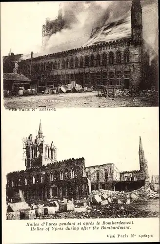 Ak Ypres Ypern Flandern, Halles pendant et apres le Bombardement, Kriegszerstörung 1. WK