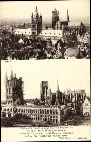 Ak Ypres Ypern Flandern, Halles et Cathedrale avant et apres le Bombardement, Kriegszerstörung 1. WK