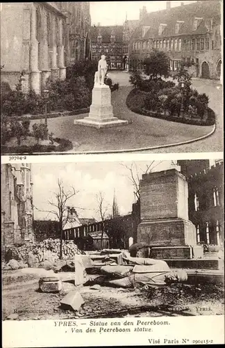 Ak Ypres Ypern Flandern, Statue van den Peereboom, Kriegszerstörung 1. WK