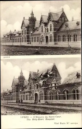 Ak Ypres Ypern Flandern, L'Hospice avant et apres le Bombardement, Kriegszerstörung 1. WK