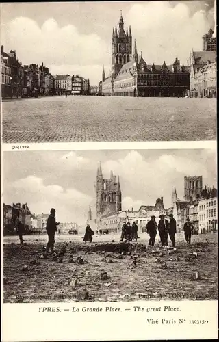 Ak Ypres Ypern Flandern, La Grande Place avant et apres le Bombardement, Kriegszerstörung 1. WK