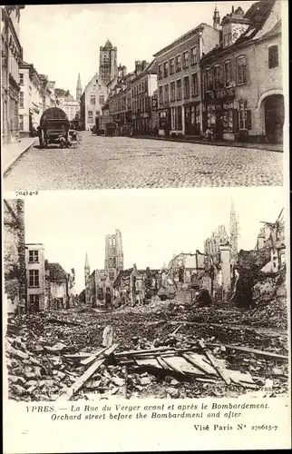 Ak Ypres Ypern Flandern, La Rue du Verger avant et apres le Bombardement, Kriegszerstörung 1. WK
