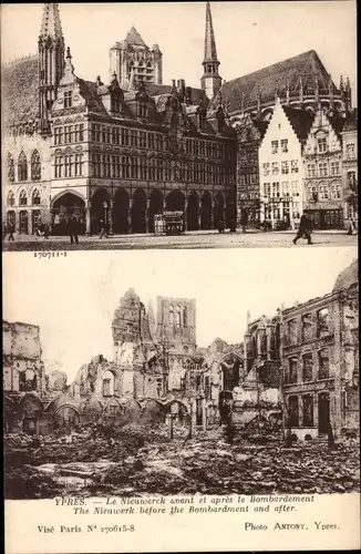 Ak Ypres Ypern Flandern, Le Nieuwerck avant et apres le Bombardement, Kriegszerstörung 1. WK