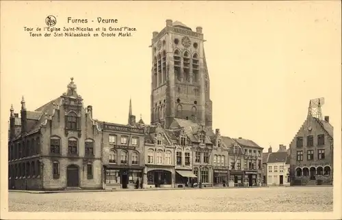 Ak Furnes Veurne Westflandern, Tour de l'Église et la Grand'Place