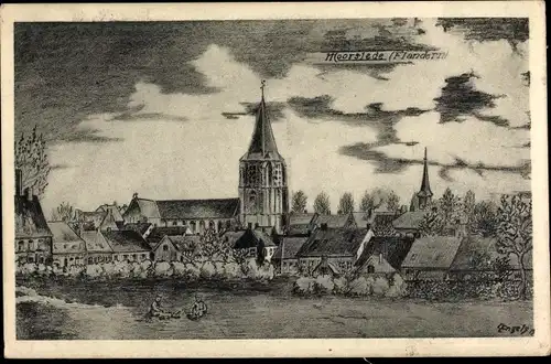 Künstler Ak Engels, Moorslede Westflandern, Panorama mit Kirche