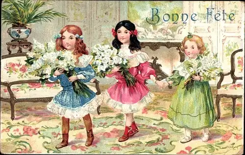 Ak Glückwunsch Bonne Fete, Drei Mädchen mit Blumen
