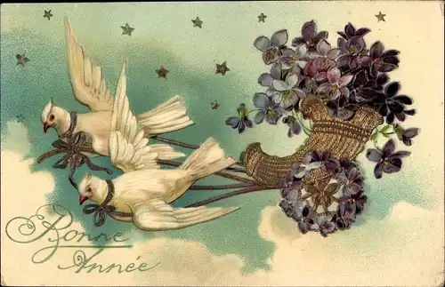 Ak Glückwunsch Neujahr, Tauben, Veilchen