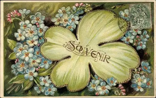 Präge Ak Souvenir, Kitsch, Vergissmeinnicht, Glücksklee