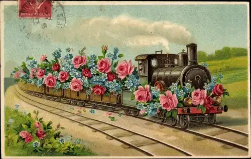 Präge Ak Eisenbahn, Rosen, Vergissmeinnicht, Kitsch