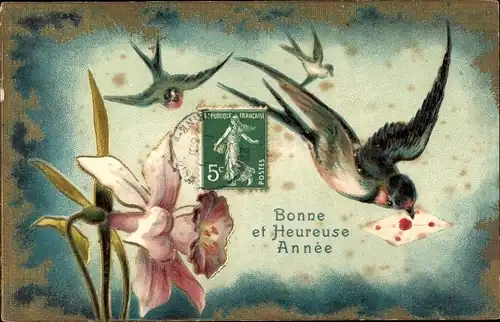 Ak Glückwunsch Neujahr, Schwalben, Brief, Blume