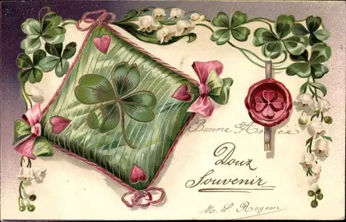 Präge Ak Kissen, Siegel, Glücksklee, Kitsch