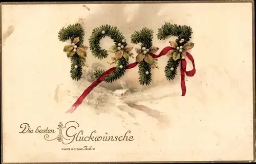 Ak Glückwunsch Neujahr 1917, Tannenzweige, Schleife