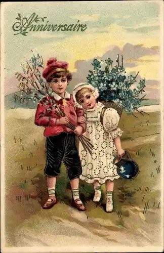 Präge Ak Anniversaire, Kinder, Weidenkätzchen, Vergissmeinnicht, Kitsch