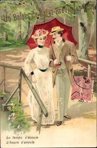 Präge Litho Liebespaar, Spaziergang, Sonnenschirm, Le temps s'ecoule...