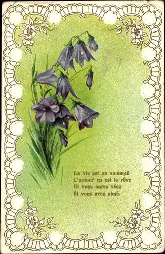 Präge Passepartout Ak Violette Blumen, La cie est un sommeil..., Kitsch