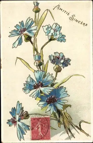 Präge Ak Amitie Sincere, Blaue Blumen, Kitsch