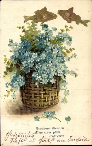 Präge Ak Korb mit Vergissmeinnicht, Fische, Gracieuse attention...