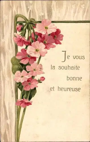 Präge Ak Je vous la souhaite bonn et heureuse, Pinke Blumen, Kitsch