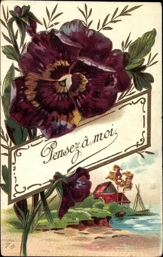 Präge Ak Pensez a moi, Stiefmütterchen, Dorf, Segelboot