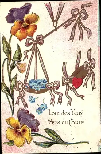 Ak Loin des Yeaux, Pres du Coeur, Stiefmütterchen, Vergissmeinnicht, Herz, Kitsch