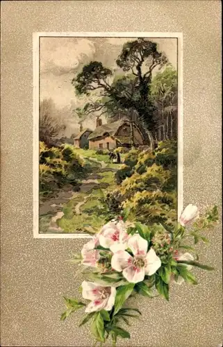 Ak Dorfpartie, Haus, Baum, Blumen