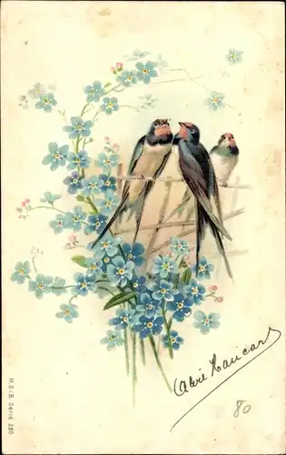 Litho Schwalben und Vergissmeinnicht