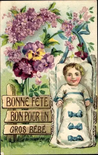 Ak Glückwunsch, Bonne Fete, Geburt, Baby, Blumen, Stiefmütterchen
